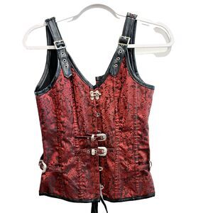 Kimring Women Red Corset Top L Floral Buckle LaceUp Gothic Steampunk Brocade